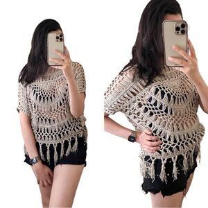 ANTHROPOLOGIE GREYLIN Crochet Short Sleeve Fringe Boho Taupe Top XS